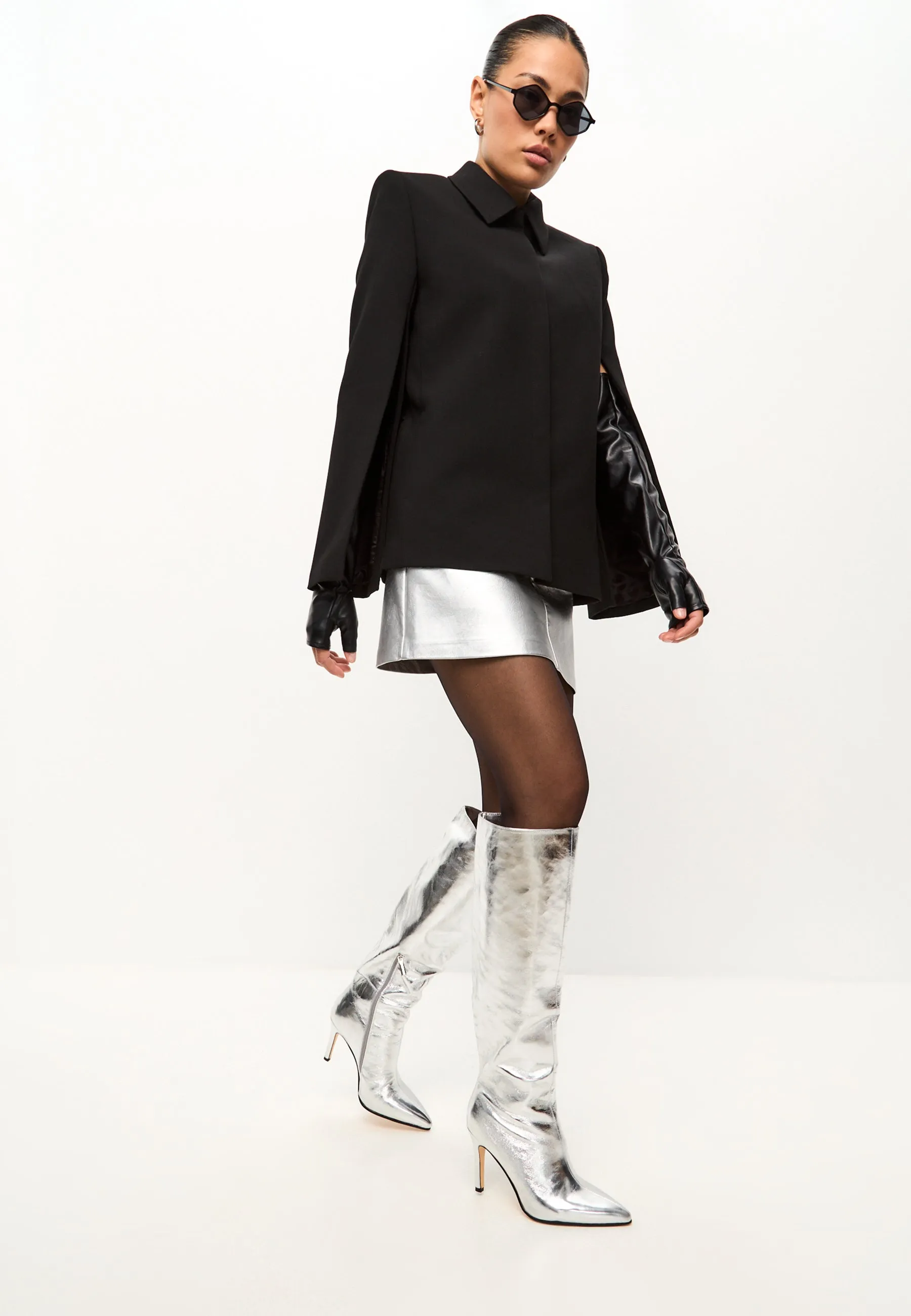 Elegant Silver Knee-High Metallic Boots - Trendy High Heel Statement Footwear - Silver