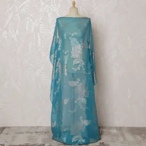 Elegant Teal and Silver Floral Pattern Pure French Silk (Fransawi Dirac) Chiffon Fabric – 140 cm Wide X 3.5 Mtrs-D19857