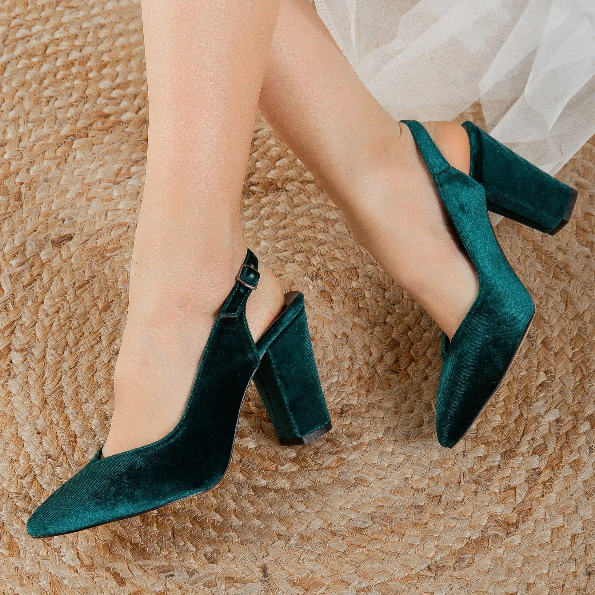 Emma - Green Velvet High Heel Slingback Shoes