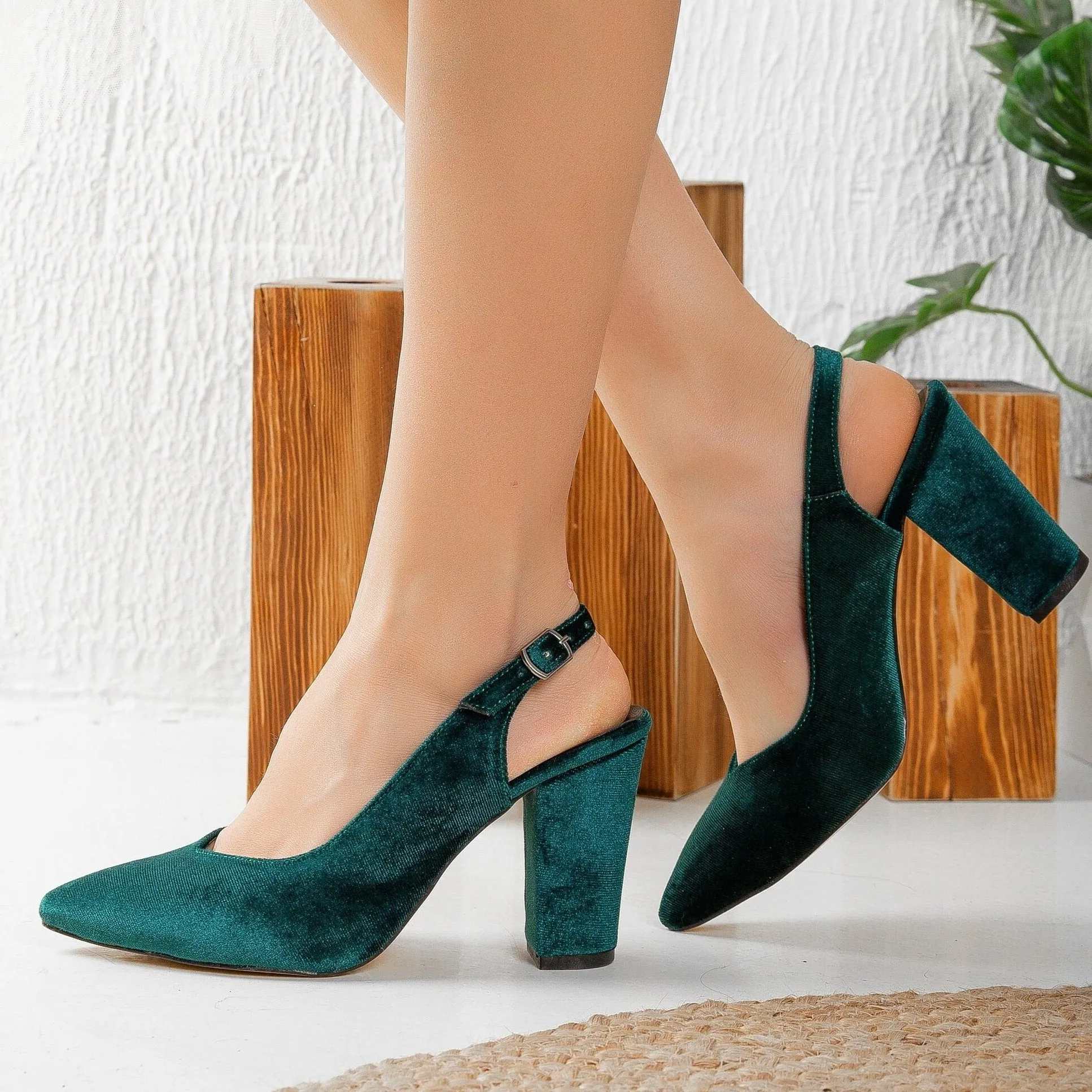 Emma - Green Velvet High Heel Slingback Shoes