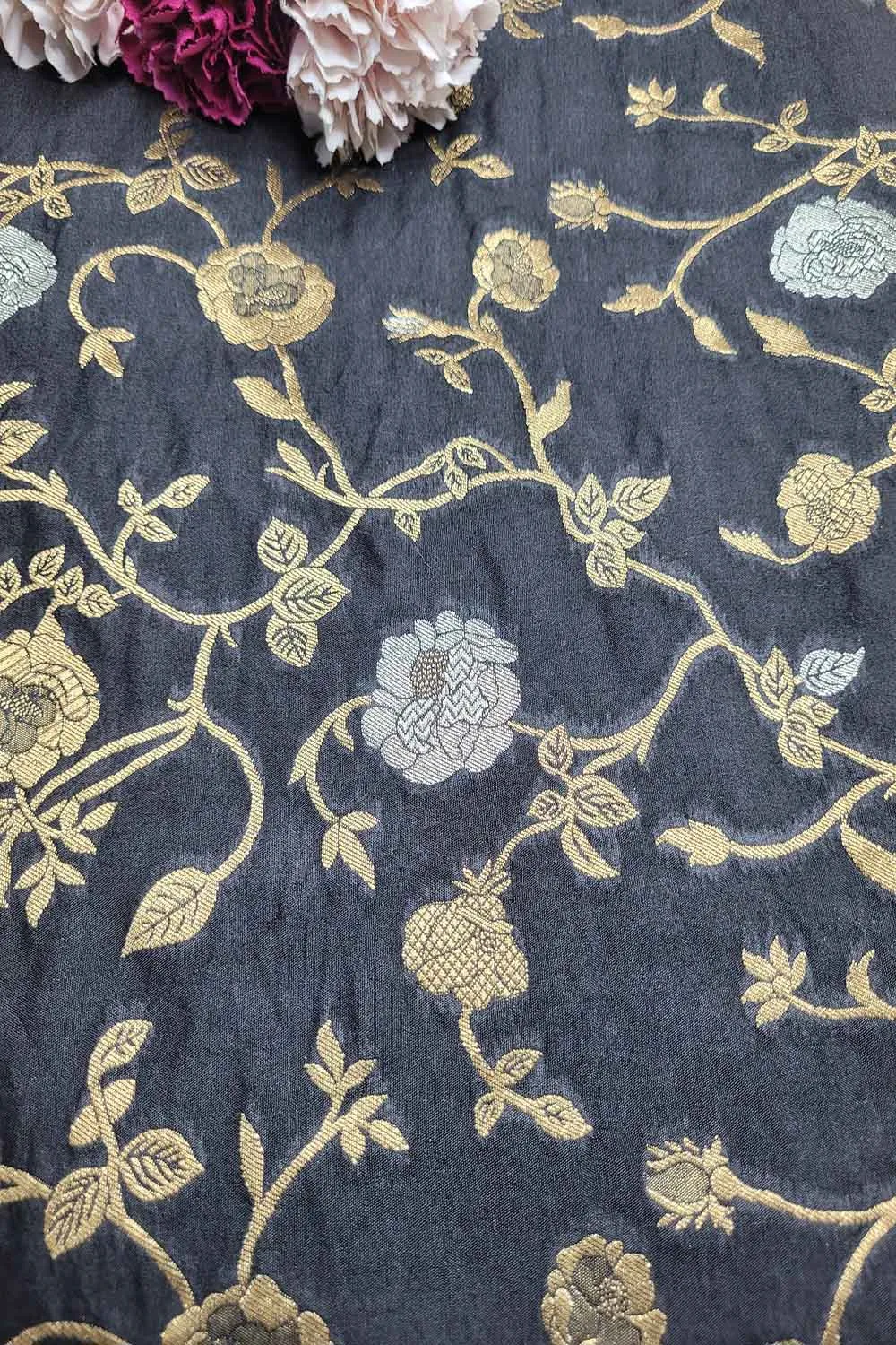 Exquisite Black Banarasi Silk Sona Roopa Fabric ( 1 Mtr )