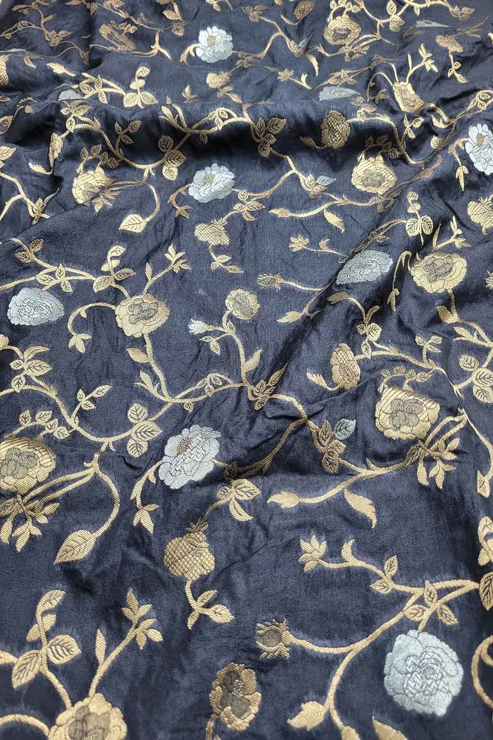 Exquisite Black Banarasi Silk Sona Roopa Fabric ( 1 Mtr )