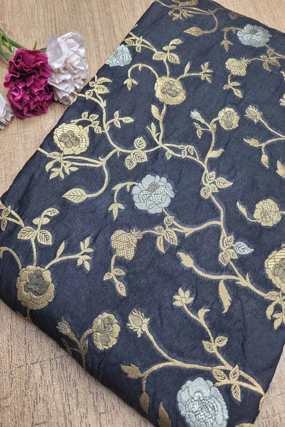 Exquisite Black Banarasi Silk Sona Roopa Fabric ( 1 Mtr )