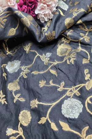 Exquisite Black Banarasi Silk Sona Roopa Fabric ( 1 Mtr )