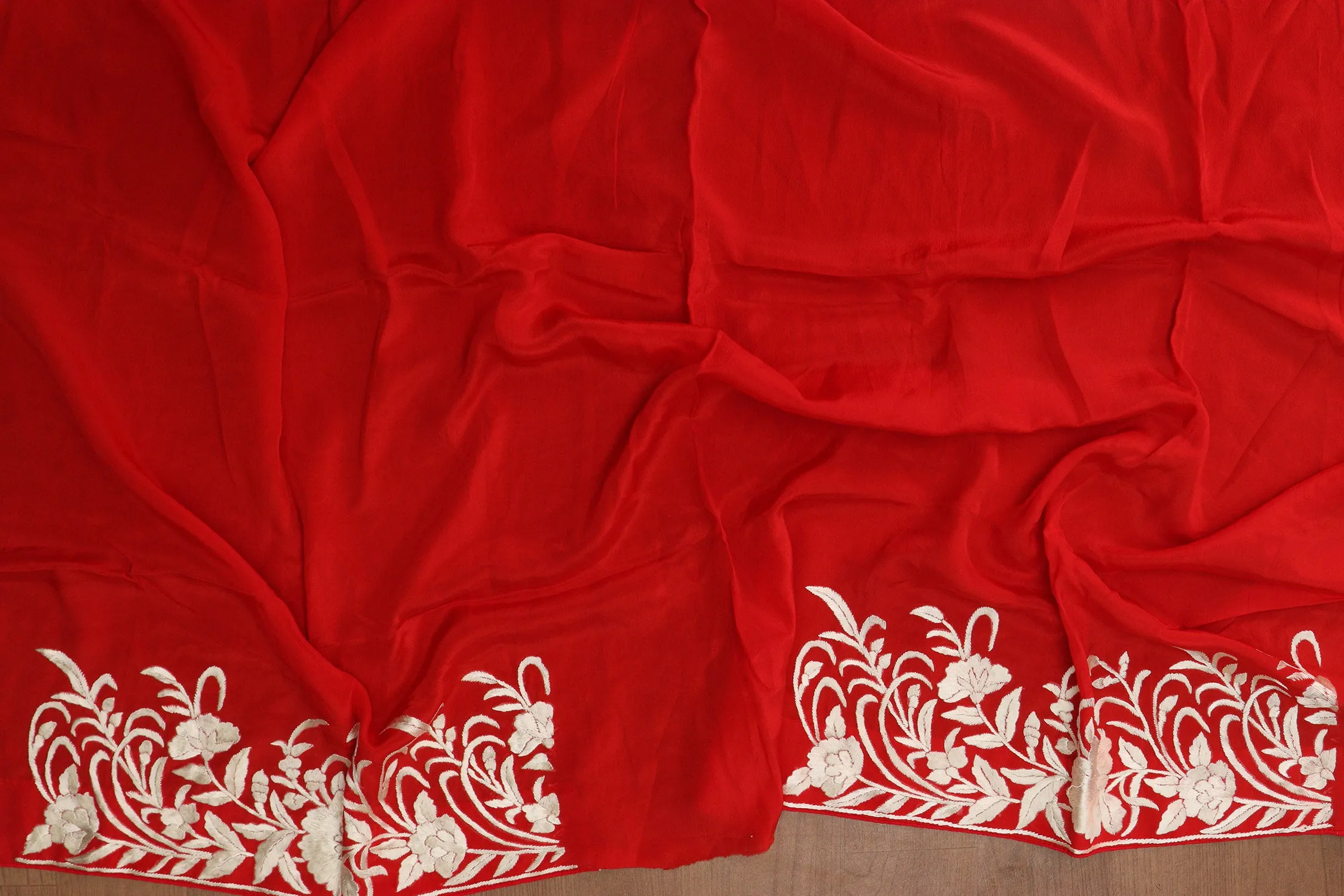 Exquisite Red Hand Embroidered Parsi Gara Crepe Saree