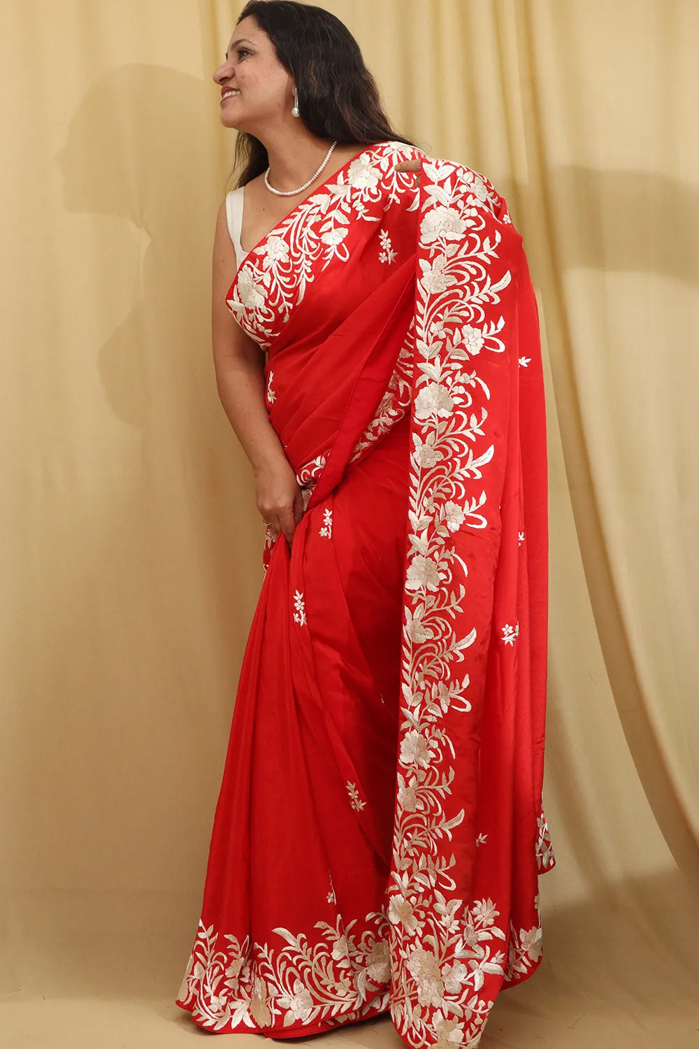 Exquisite Red Hand Embroidered Parsi Gara Crepe Saree