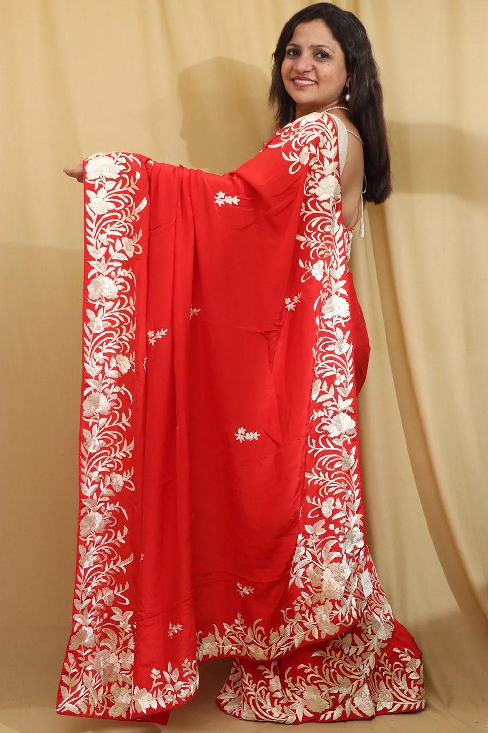 Exquisite Red Hand Embroidered Parsi Gara Crepe Saree