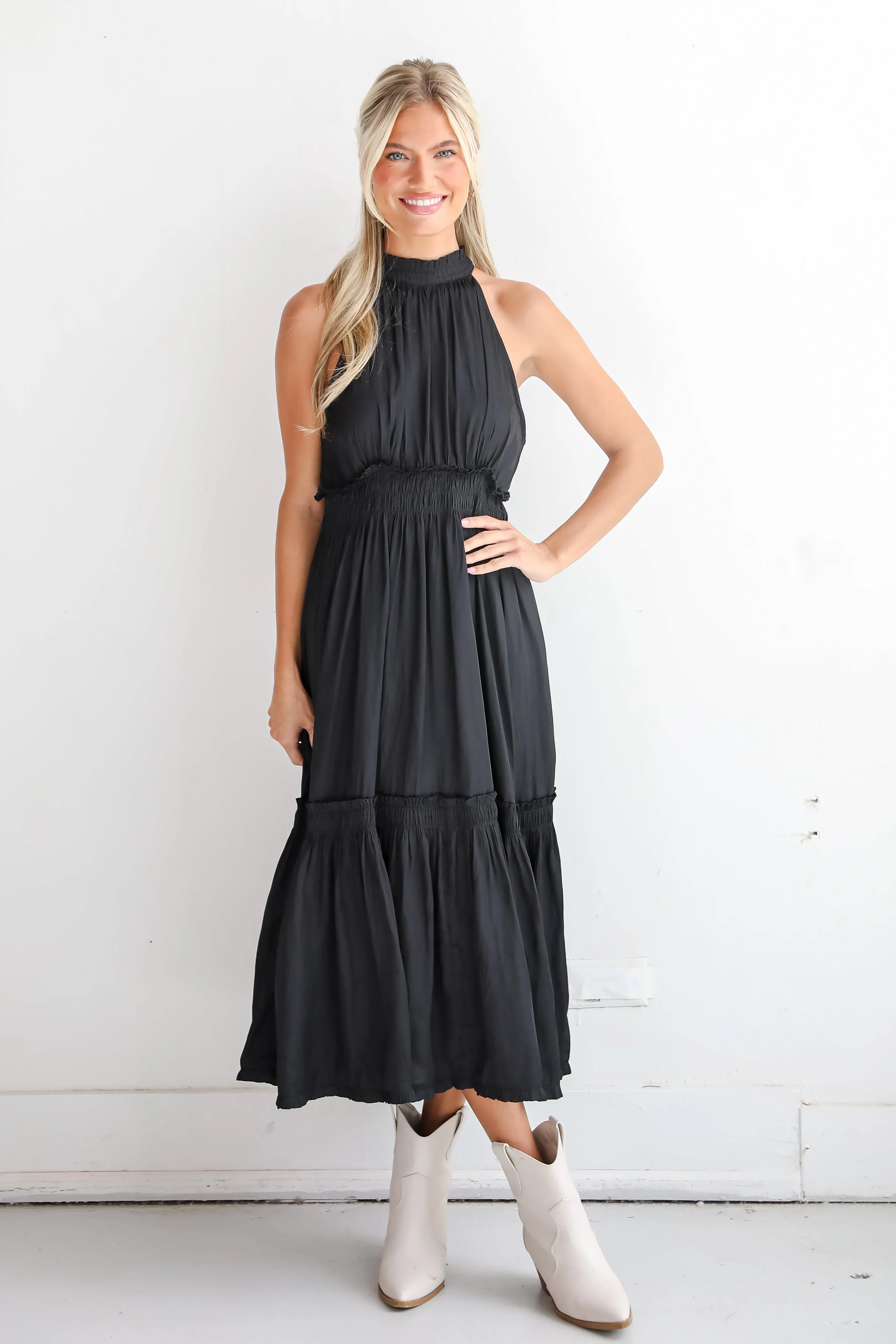 FINAL SALE - Lovely Intuition Black Satin Midi Dress