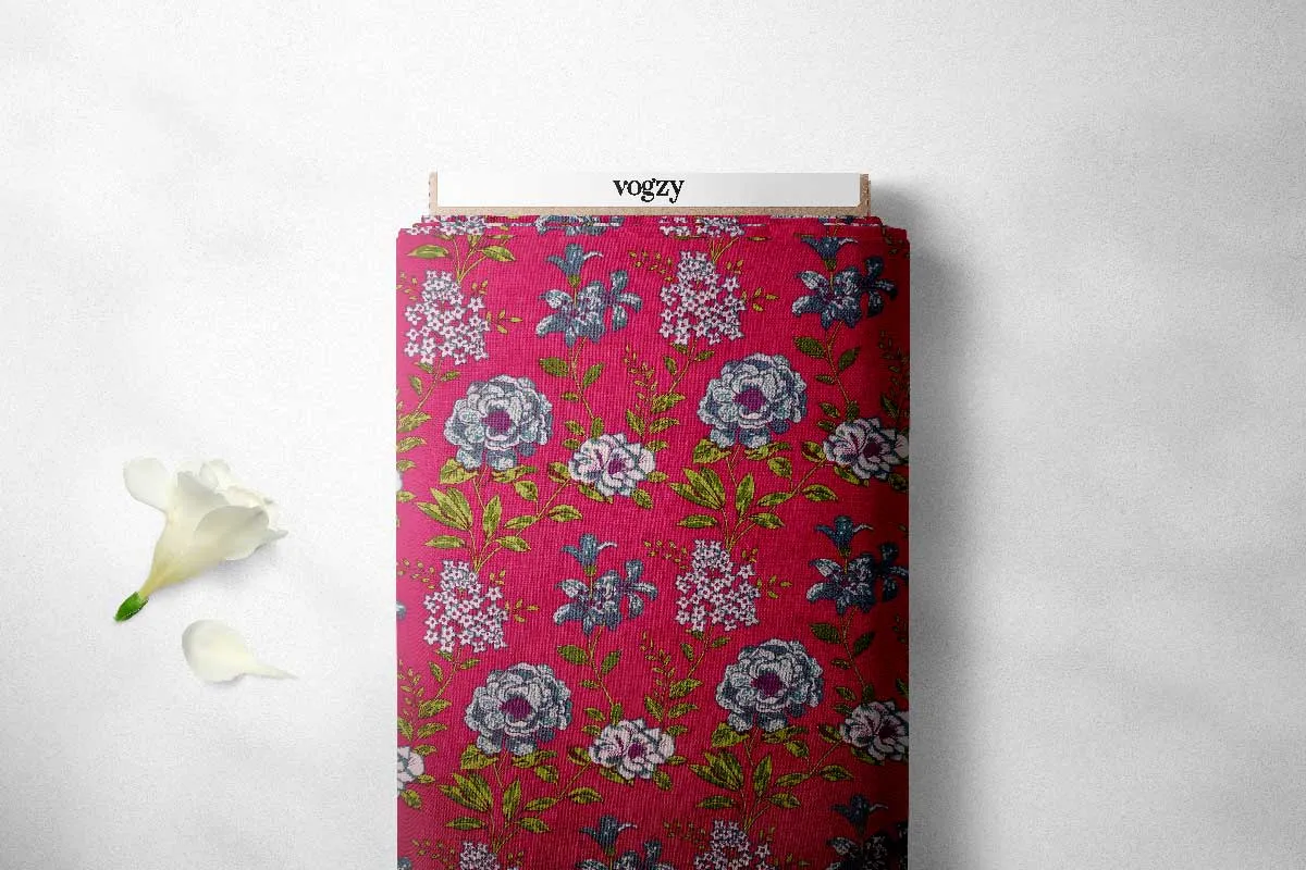 Fuscia Pink Pure Cotton Floral Printed Fabric