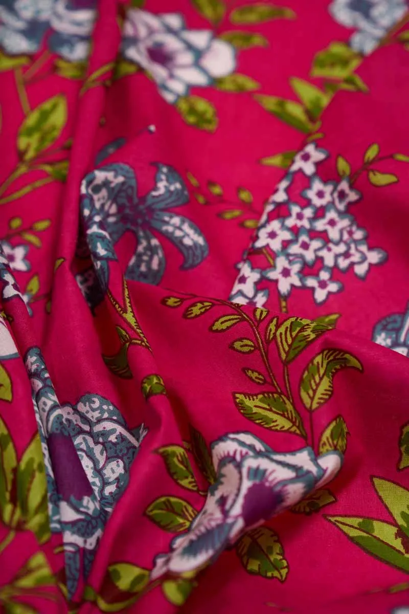 Fuscia Pink Pure Cotton Floral Printed Fabric