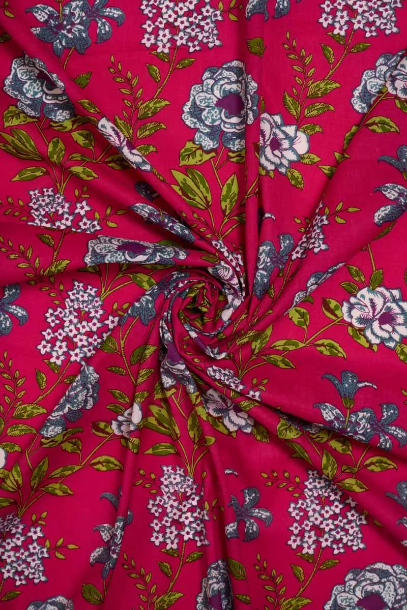 Fuscia Pink Pure Cotton Floral Printed Fabric