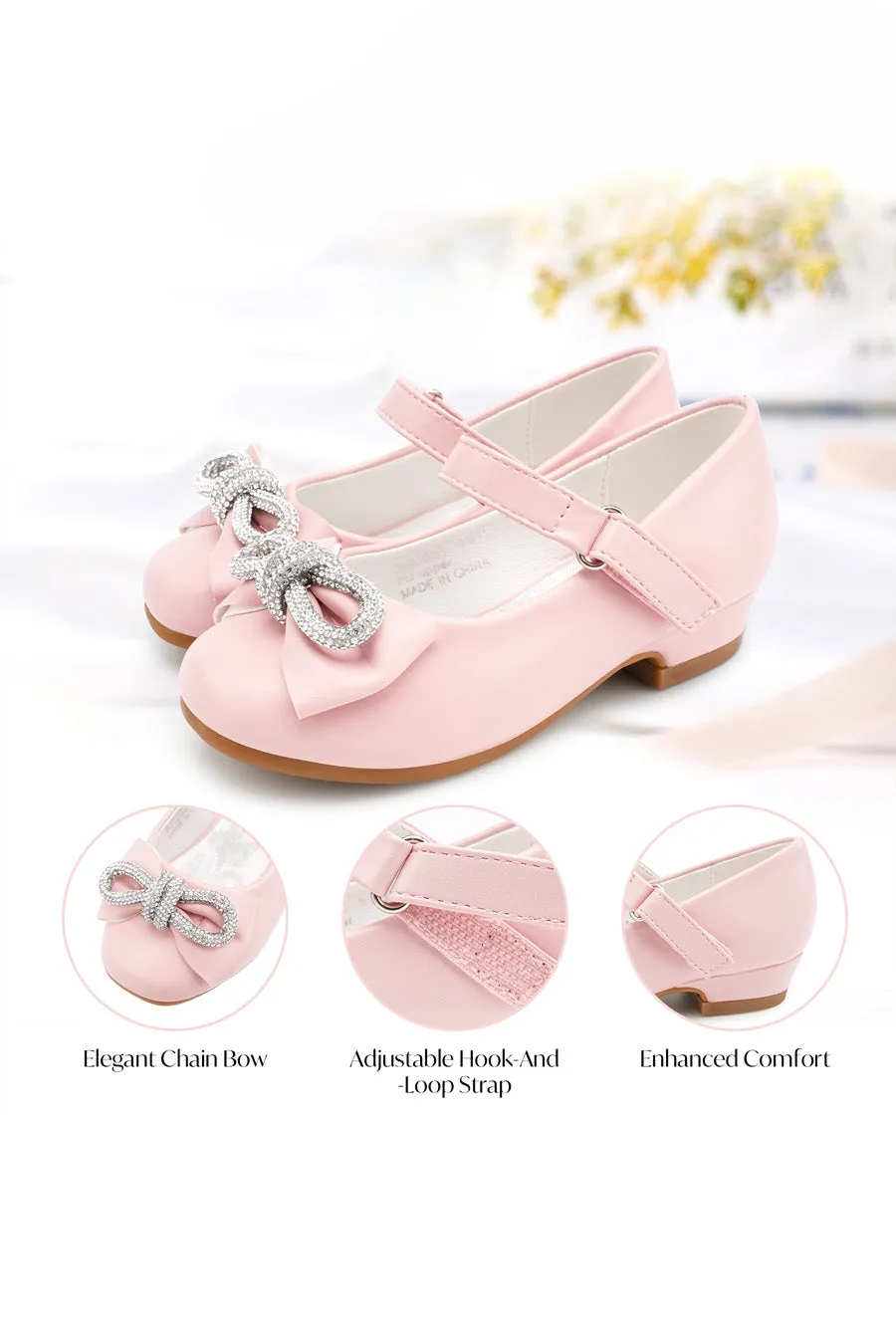 Girls Closed Toe Mary Jane Shoes | Ankle Strap Heels with Bow