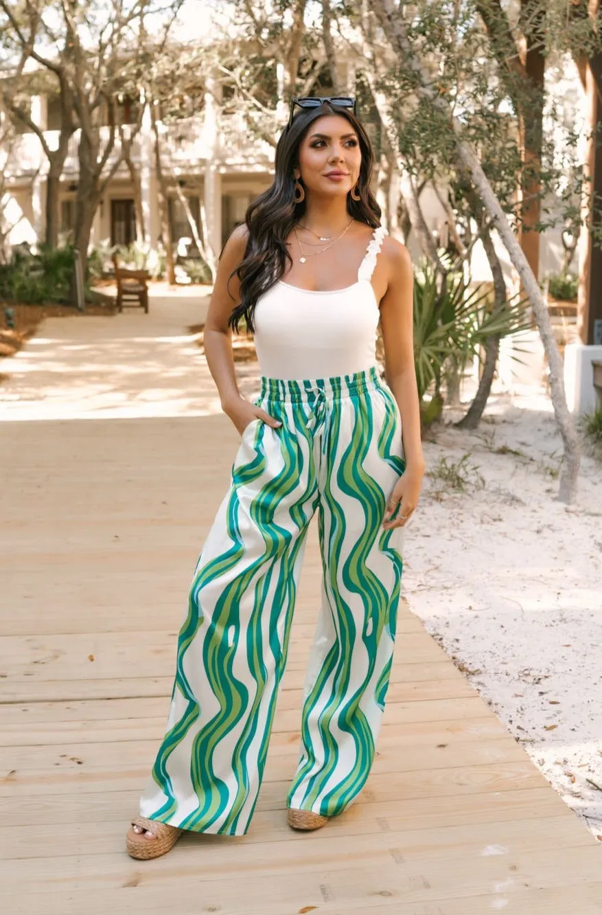 Green Print High Waisted Silk Pants - FINAL SALE