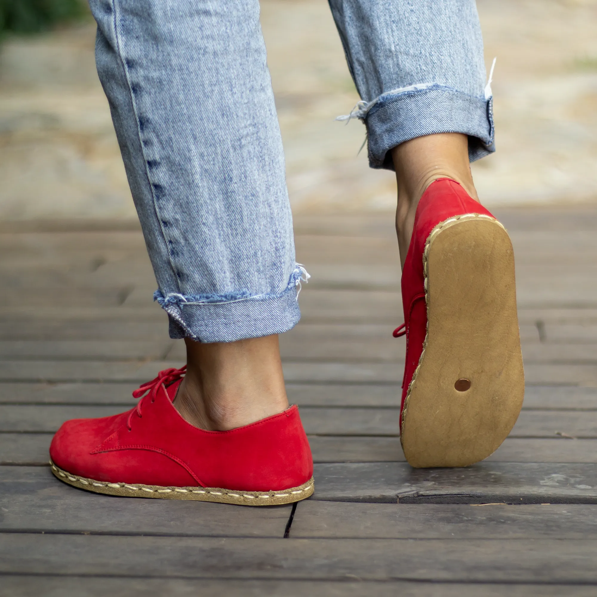 Handmade Barefoot Leather Shoes Red Nubuck for Women