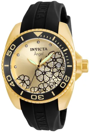 Invicta 23488 Women's Angel Crystal Accented Gold Dial Black Silicone Strap Watch