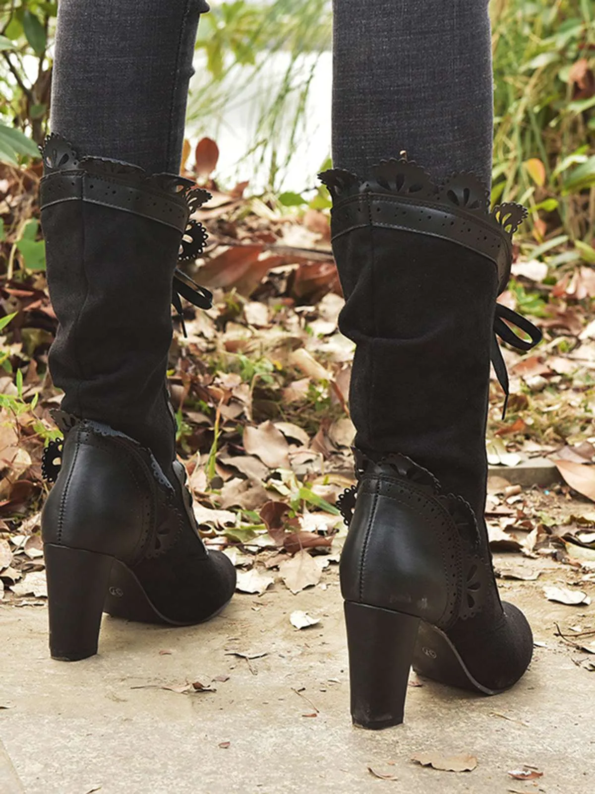 Leather Petal Edge Lace-Up Mid-Calf Boots