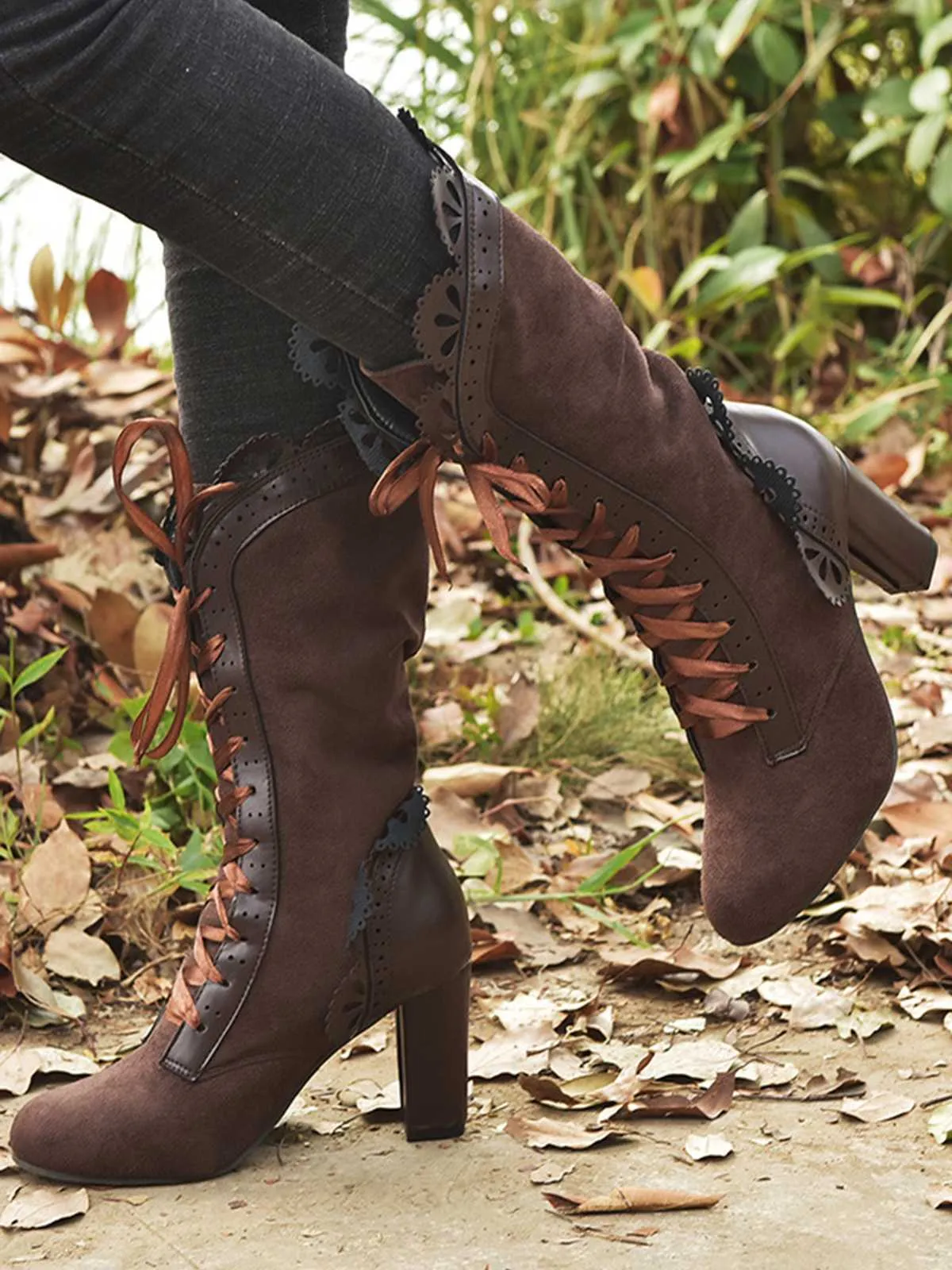 Leather Petal Edge Lace-Up Mid-Calf Boots