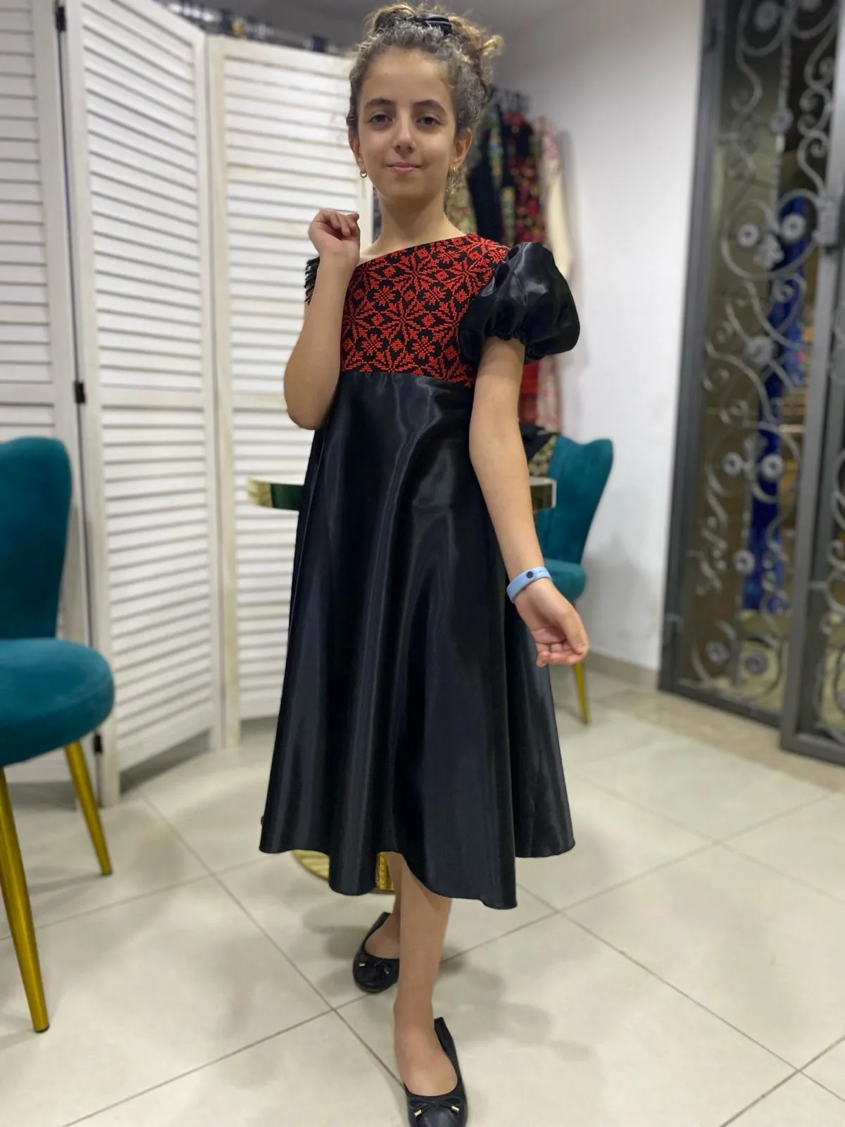 Little Girl Palestinian Embroidered Black Satin Unique Design Dress