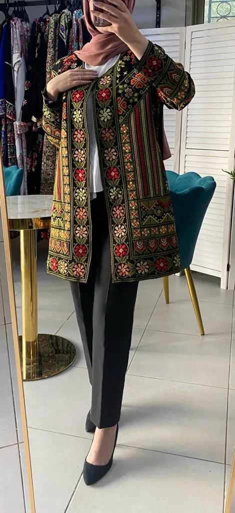 Long Green Flowers Embroidered Jacket