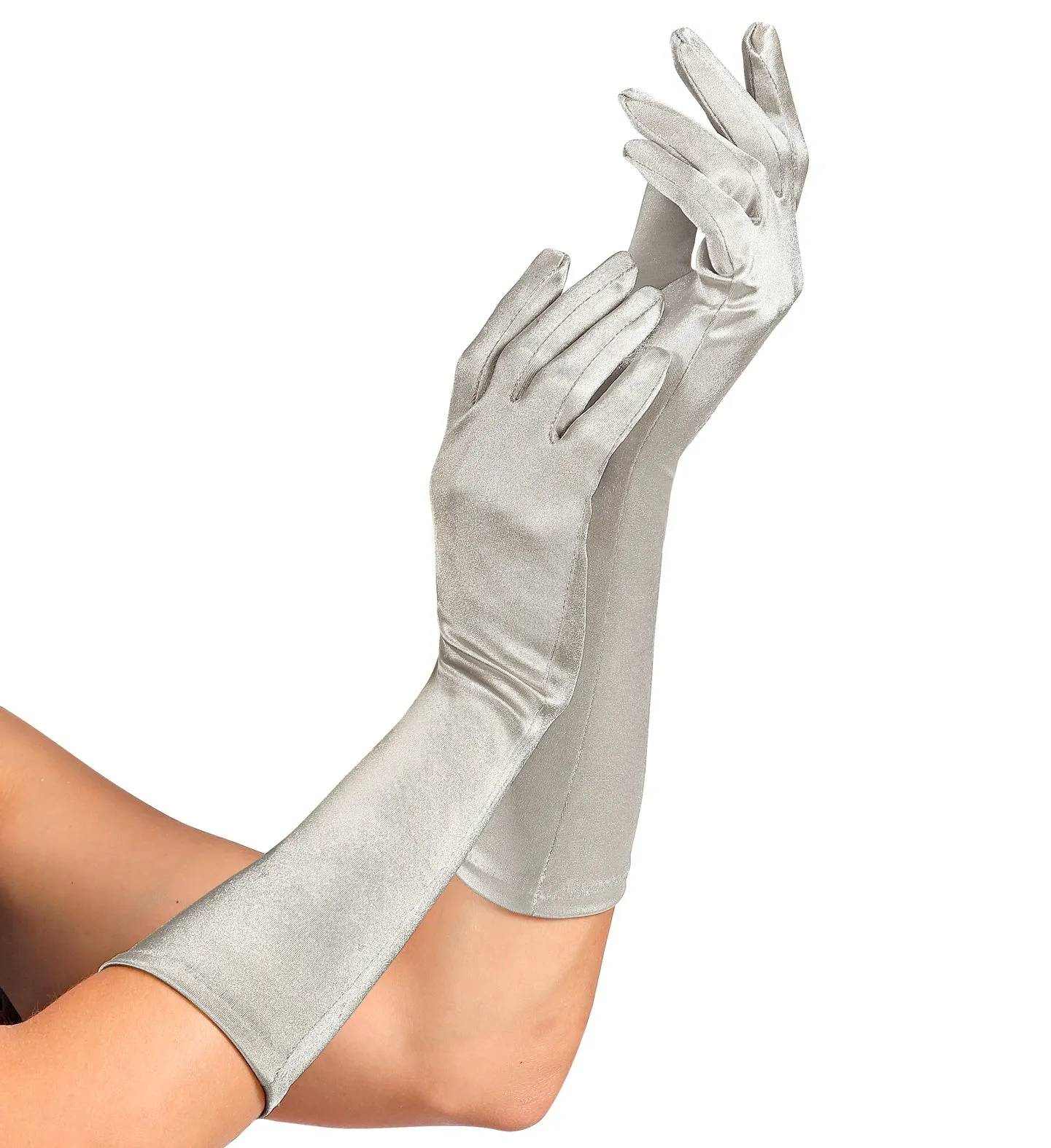 Long Silver Satin Gloves