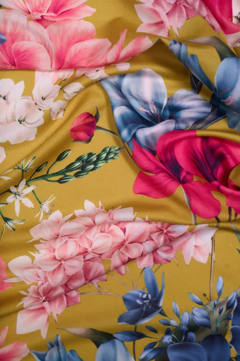 Lovely Mustard Floral Pattern Printed Muslin Fabric