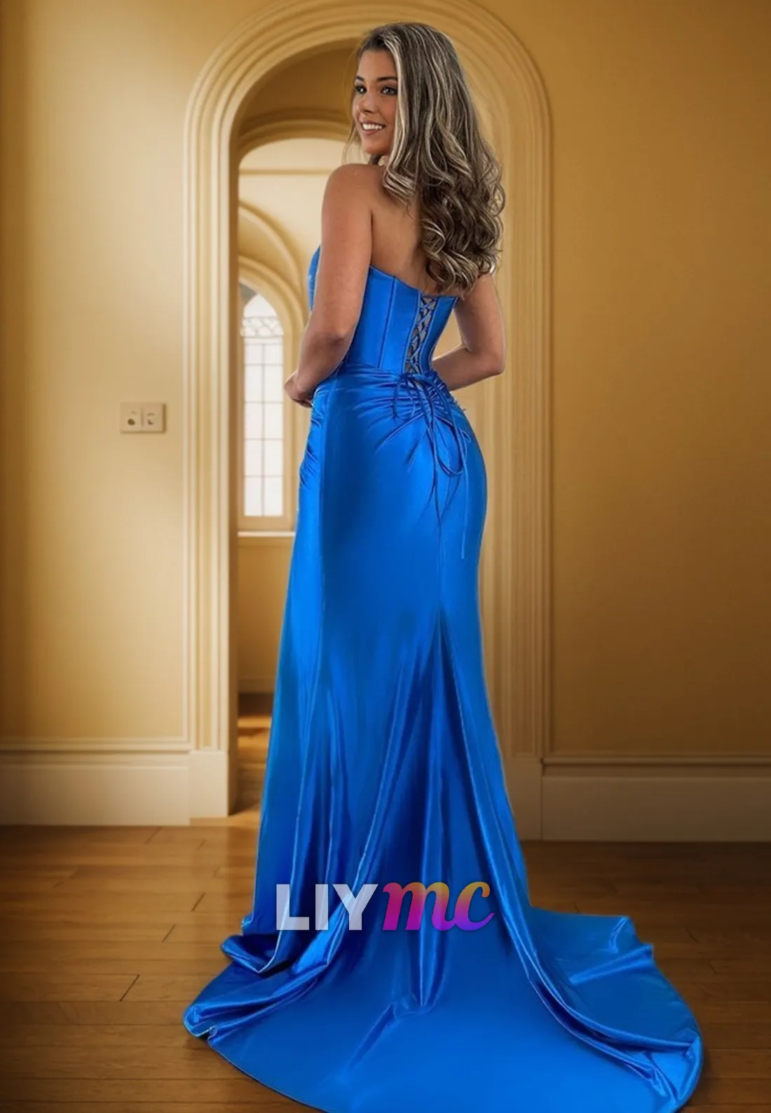 LP2323 - Sweetheart Sleeveless Ruched High Slit Sleek Satin Prom Dress