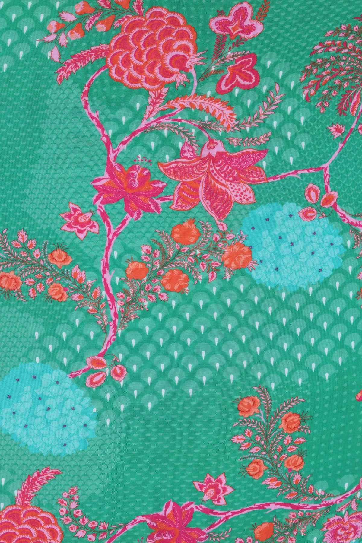 Meadow Green All Over Flower Print Natural Muslin Silk Fabric