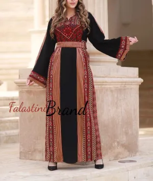 Modern Style Black and Red  Palestinian Thobe with Unique Embroidery and Kashmir Details