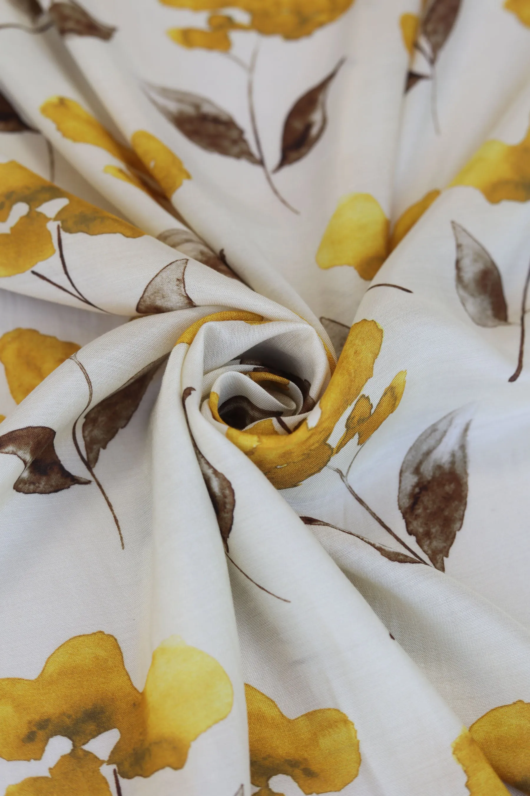 Mustard Floral Pattern Printed Natural Muslin Silk Fabric