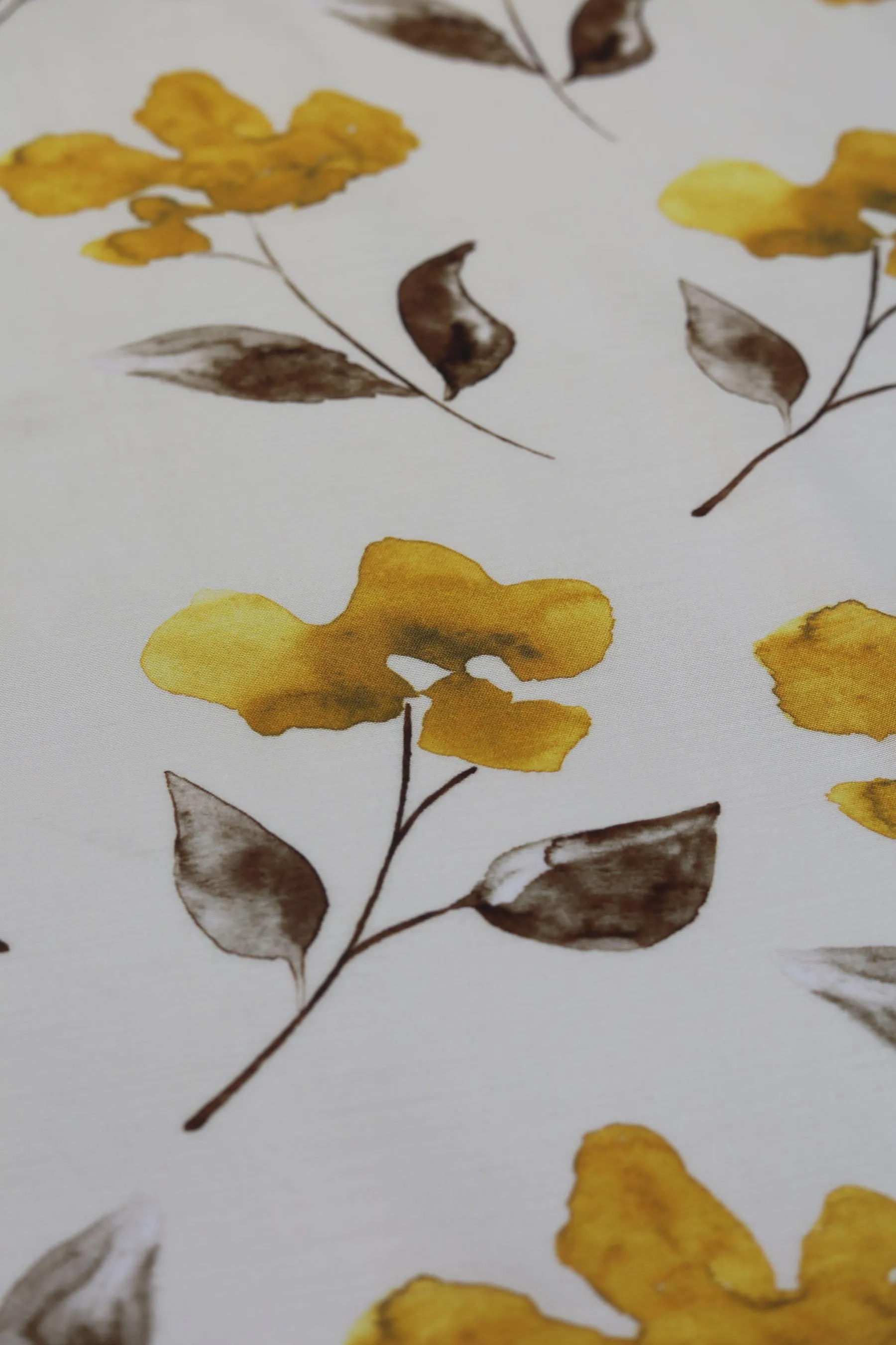 Mustard Floral Pattern Printed Natural Muslin Silk Fabric