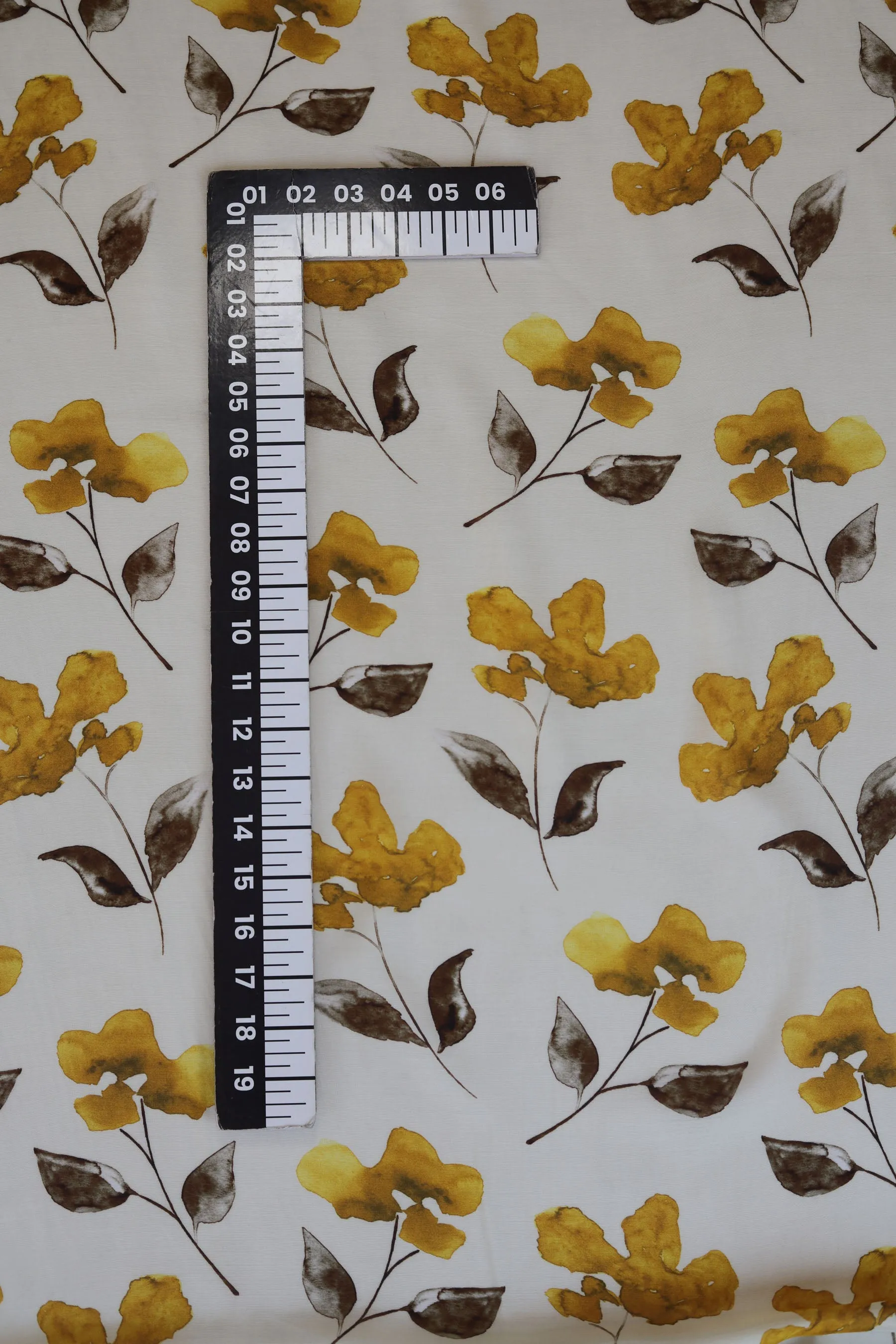 Mustard Floral Pattern Printed Natural Muslin Silk Fabric