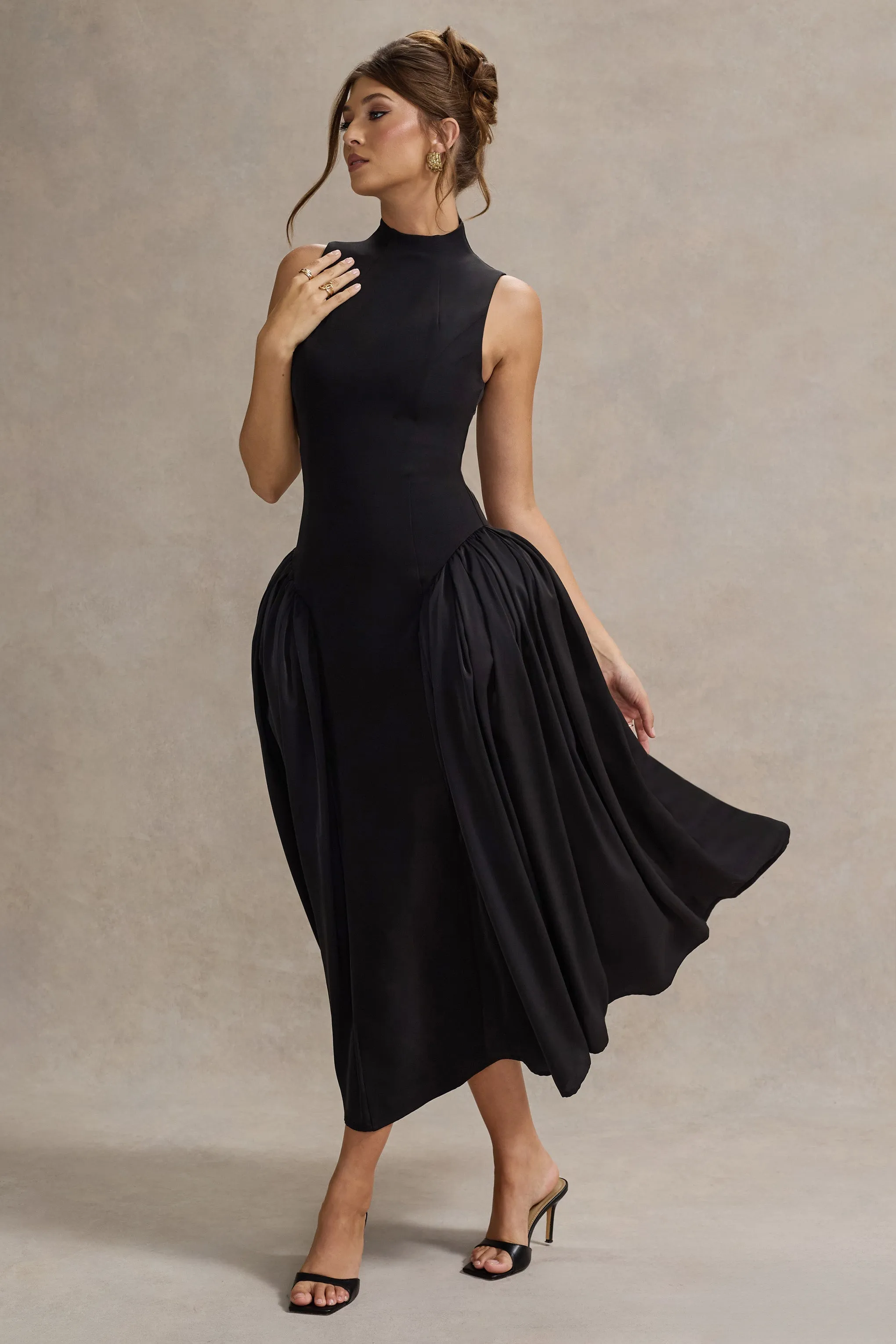 Napoli | Black High-Neck Volume-Skirt Midi Dress