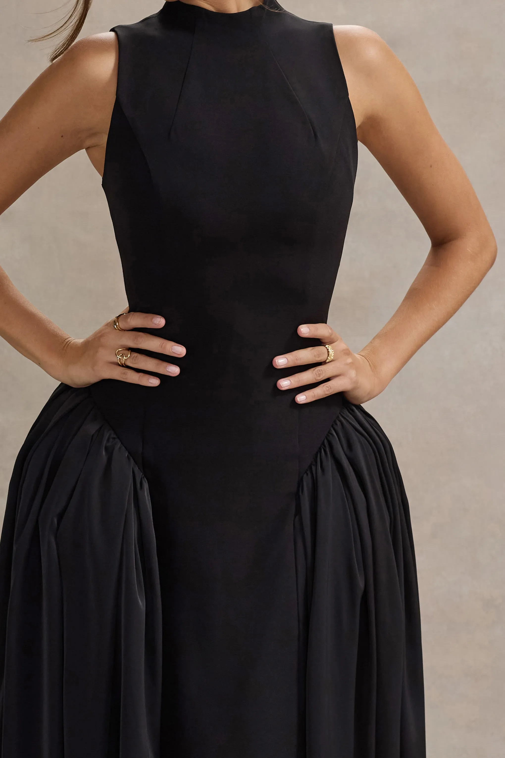 Napoli | Black High-Neck Volume-Skirt Midi Dress