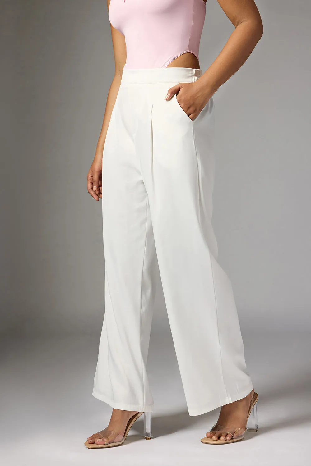 Off White Satin Straight Korean Pants