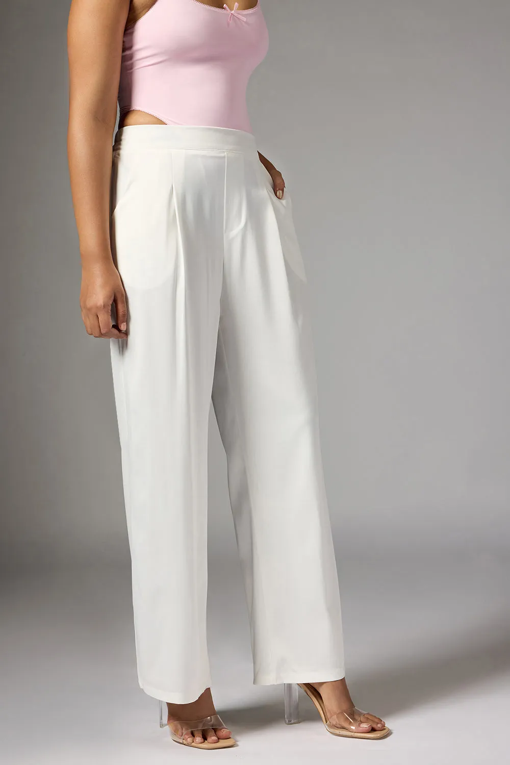 Off White Satin Straight Korean Pants