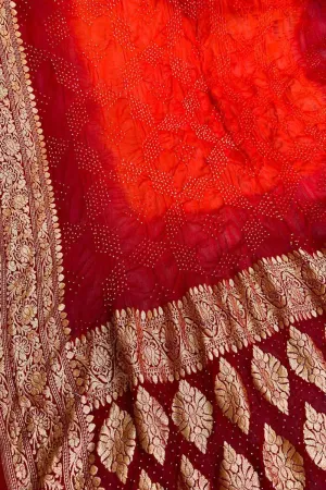 Orange & Red Banarasi Bandhani Georgette Dupatta with Neemzari