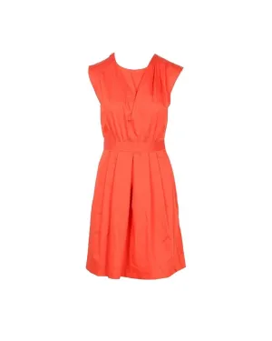 Orange V-Neck Dress  Sleeveless Orange Dress  Pleated Skirt Dress  Ruching Detail Dress  Casual Orange Dress  Versatile Orange Dress  Comfortable Orange Dress  Everyday Orange Dress