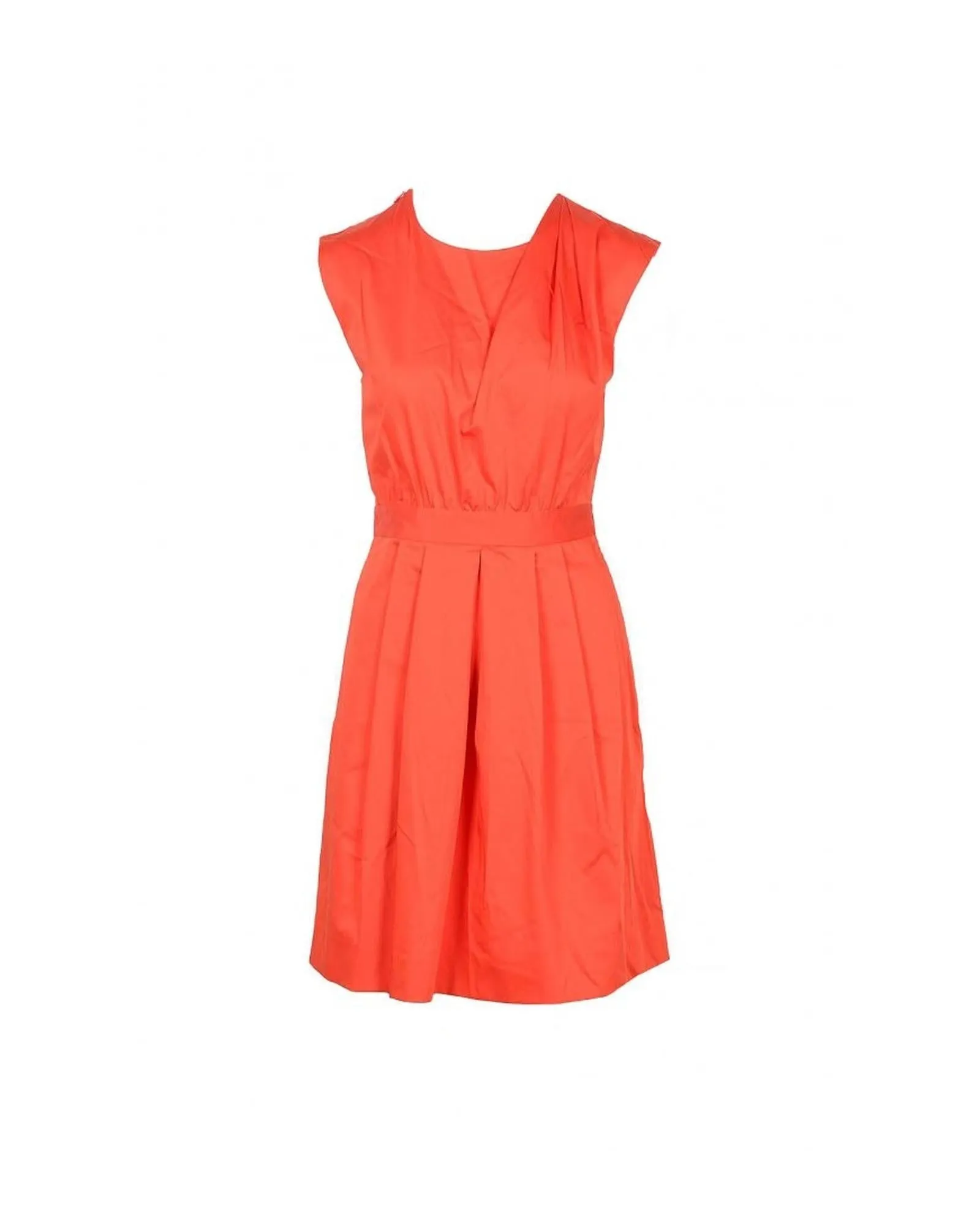 Orange V-Neck Dress  Sleeveless Orange Dress  Pleated Skirt Dress  Ruching Detail Dress  Casual Orange Dress  Versatile Orange Dress  Comfortable Orange Dress  Everyday Orange Dress