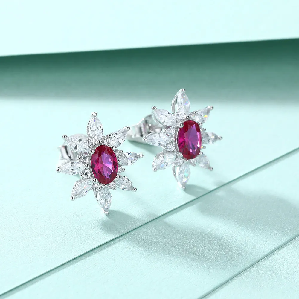 Oval Purple Zircon Flower Silver Studs Earrings for Women