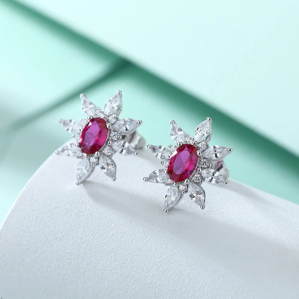 Oval Purple Zircon Flower Silver Studs Earrings for Women