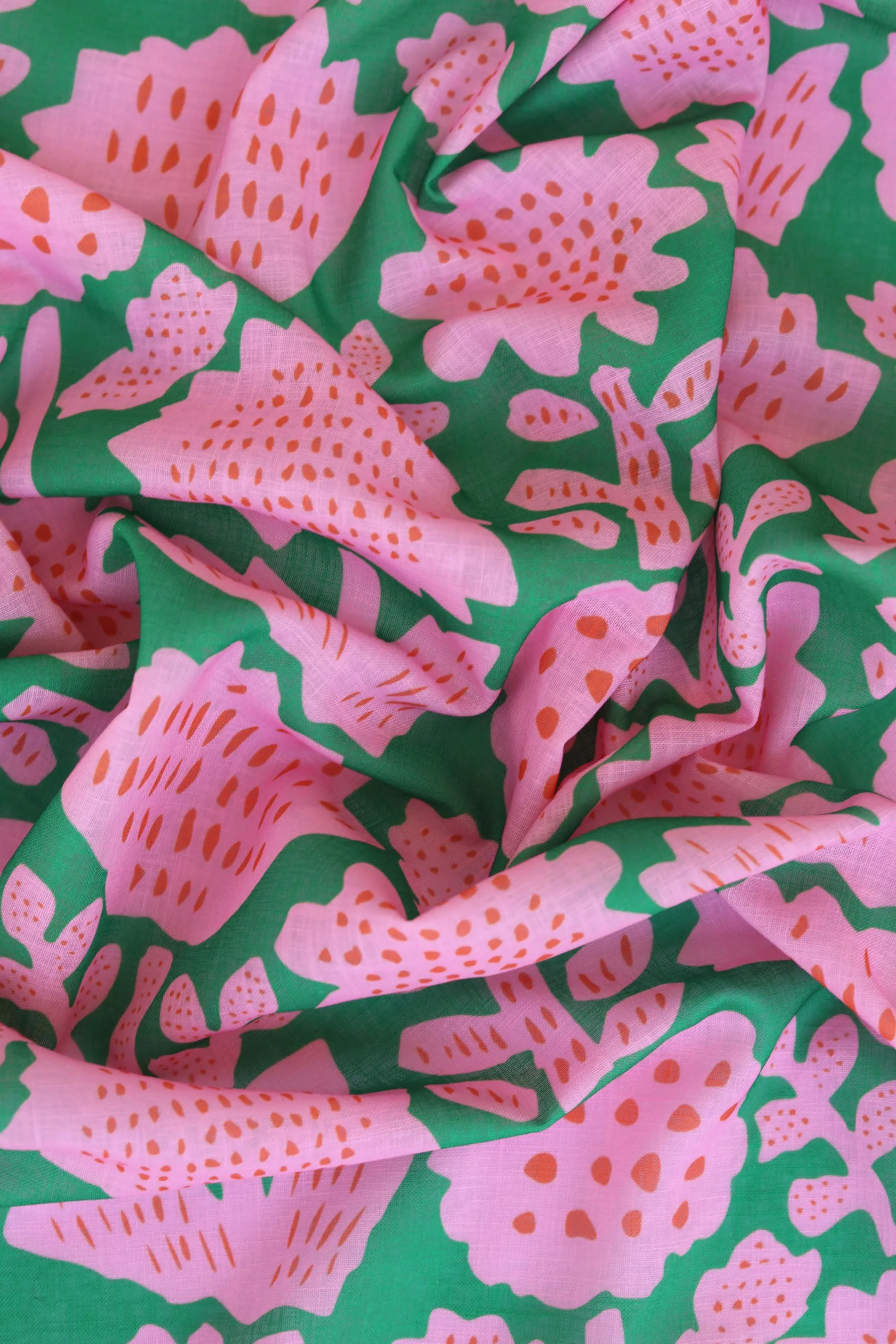 Pink and Green Geometric Floral Pattern Printed Eco Poly Linen Fabric