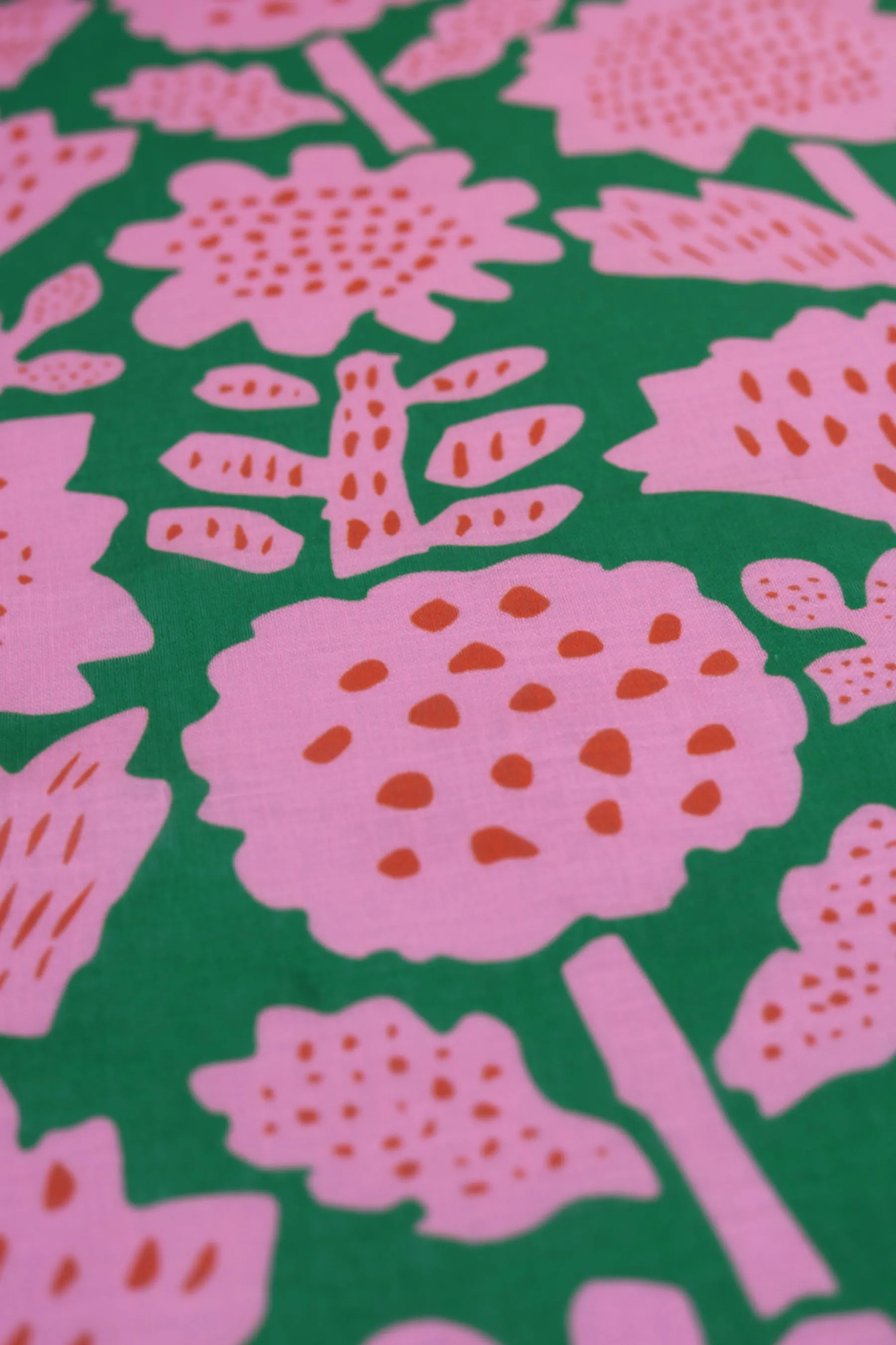 Pink and Green Geometric Floral Pattern Printed Eco Poly Linen Fabric