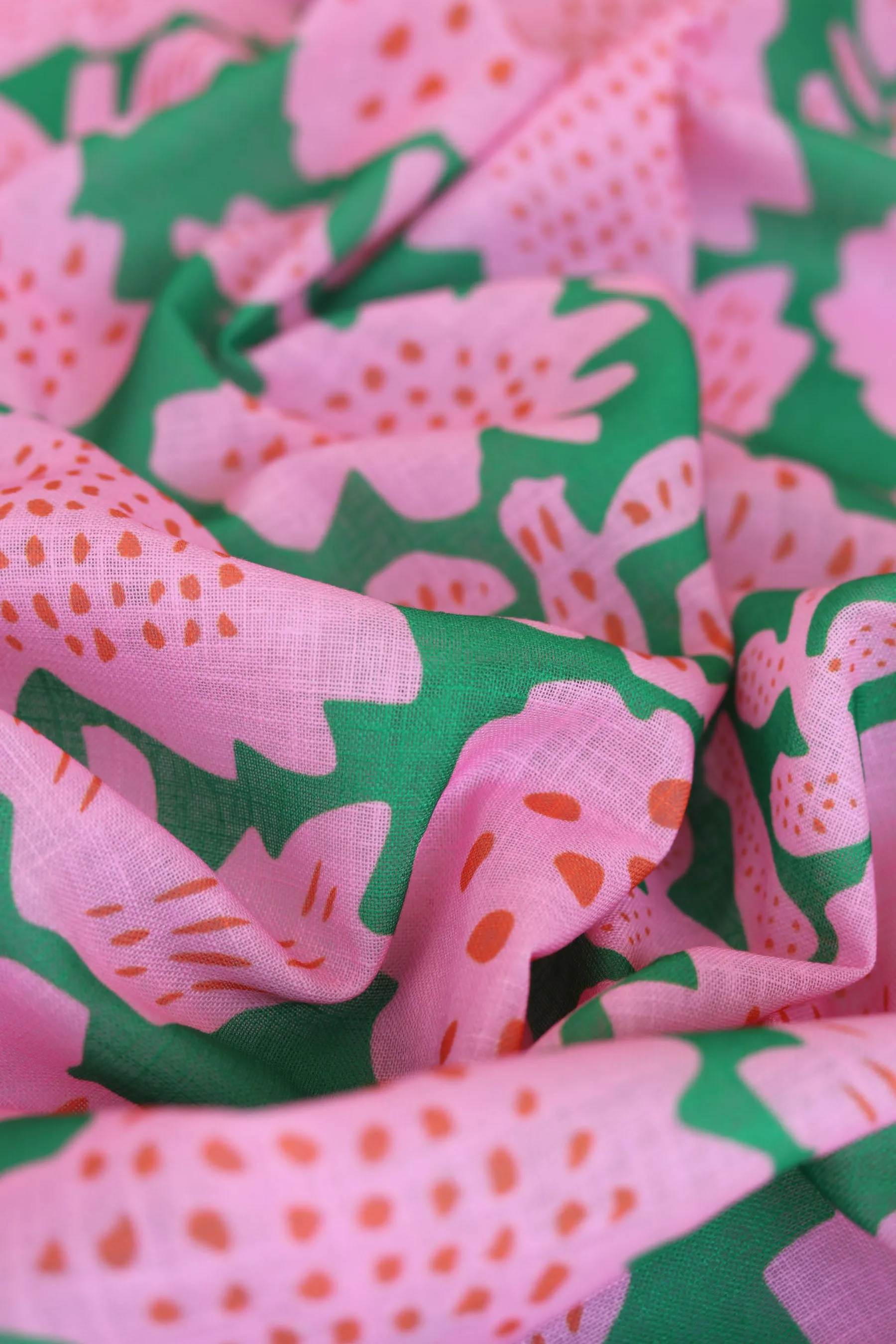 Pink and Green Geometric Floral Pattern Printed Eco Poly Linen Fabric