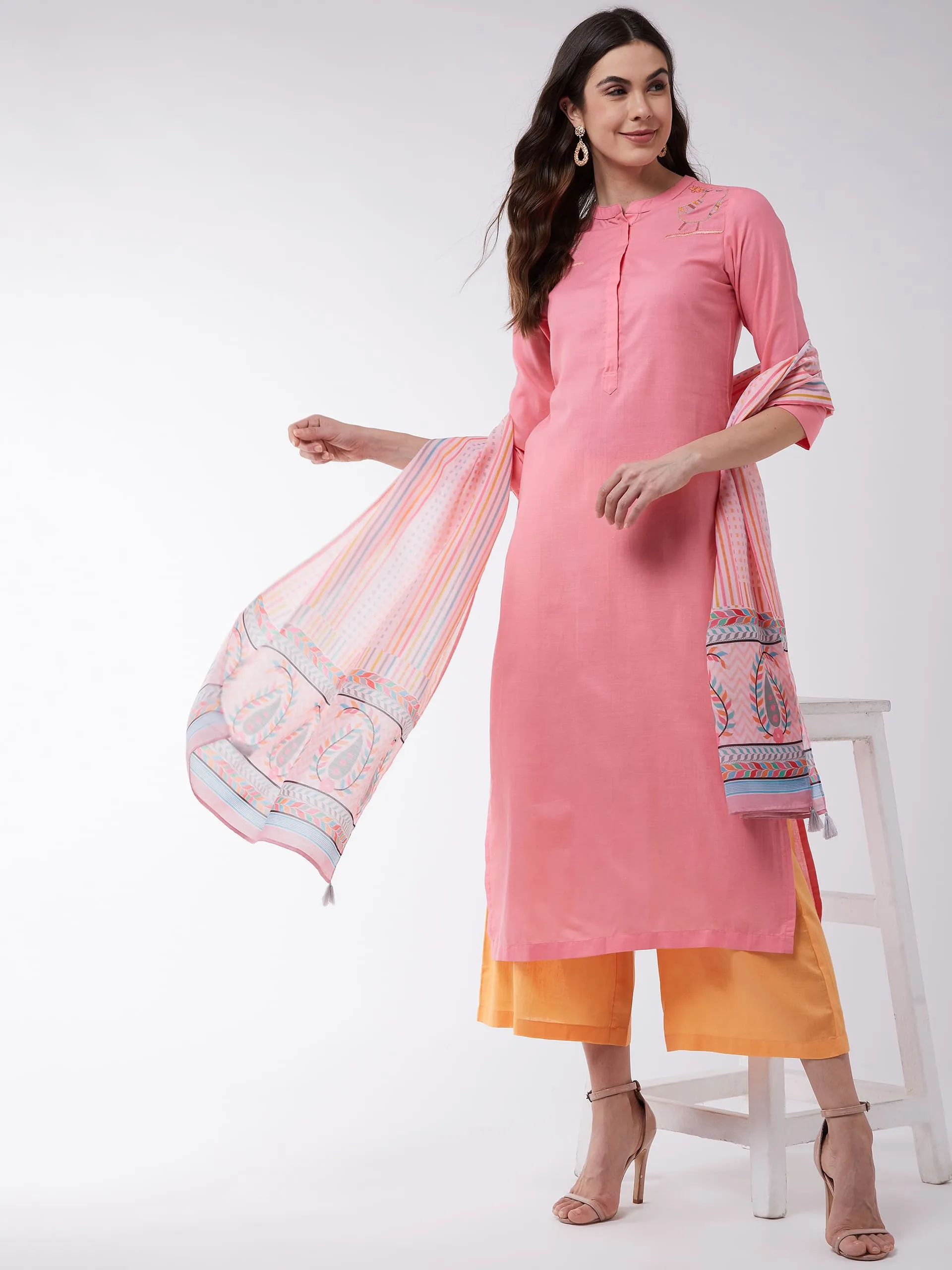 Pink Embroidered Kurta With Pants And Digital Printed Dupatta