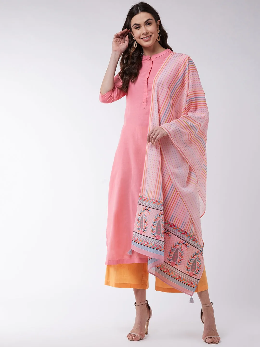 Pink Embroidered Kurta With Pants And Digital Printed Dupatta