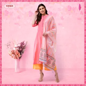 Pink Embroidered Kurta With Pants And Digital Printed Dupatta