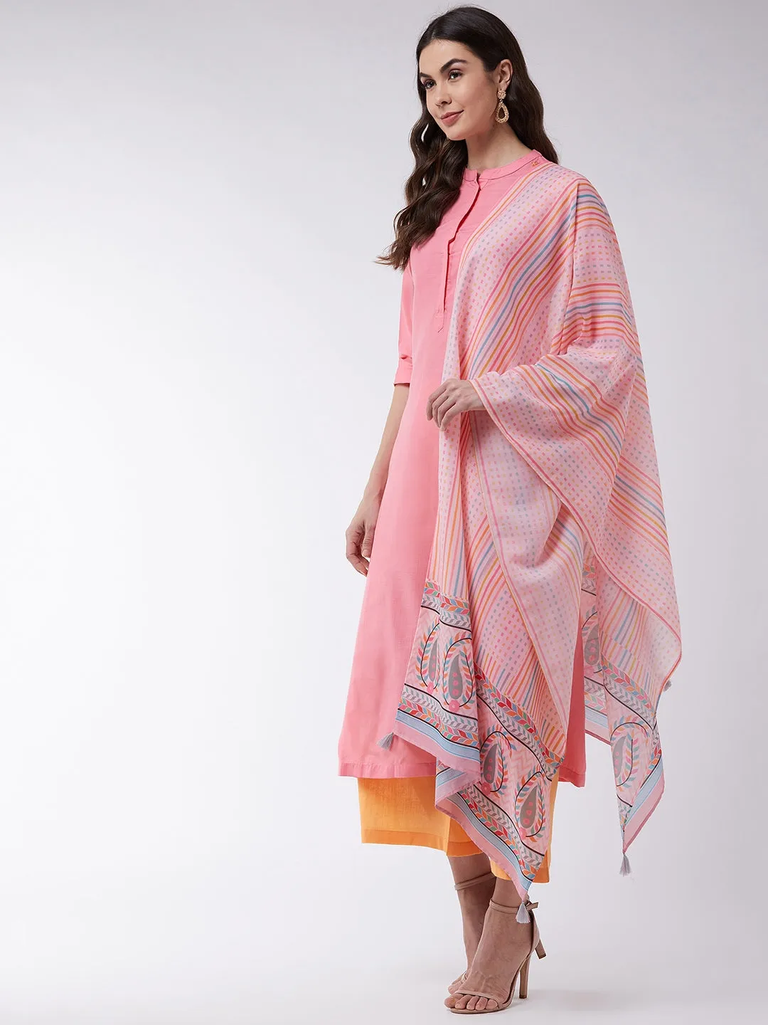 Pink Embroidered Kurta With Pants And Digital Printed Dupatta