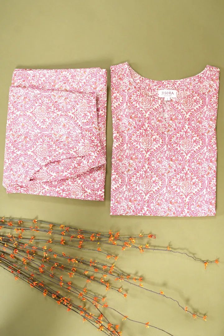 Pink Jharokha’s on White Cotton Palazzo Loungewear Set