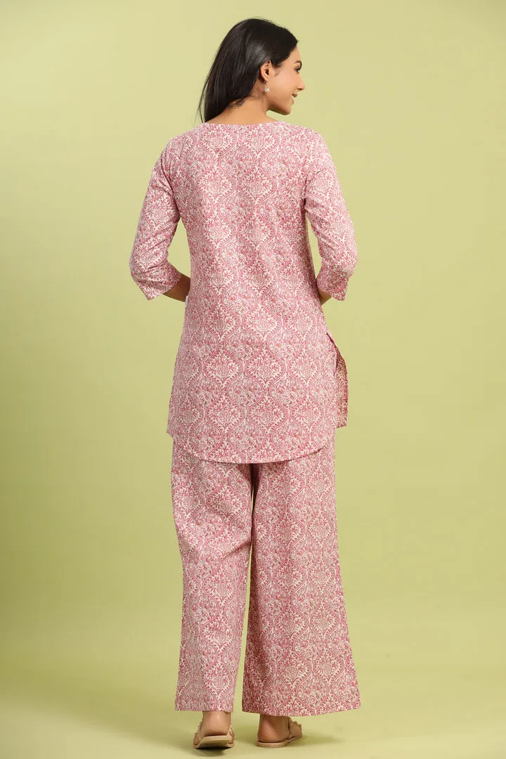 Pink Jharokha’s on White Cotton Palazzo Loungewear Set