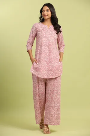 Pink Jharokha’s on White Cotton Palazzo Loungewear Set